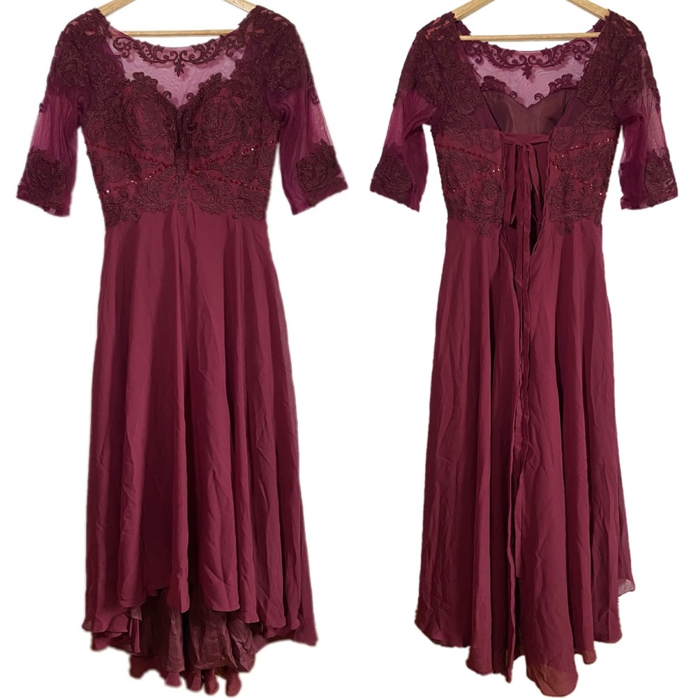 Burgundy Lace Applique Lined Chiffon Lace-Up High-Low Tea Length Formal Dress 6